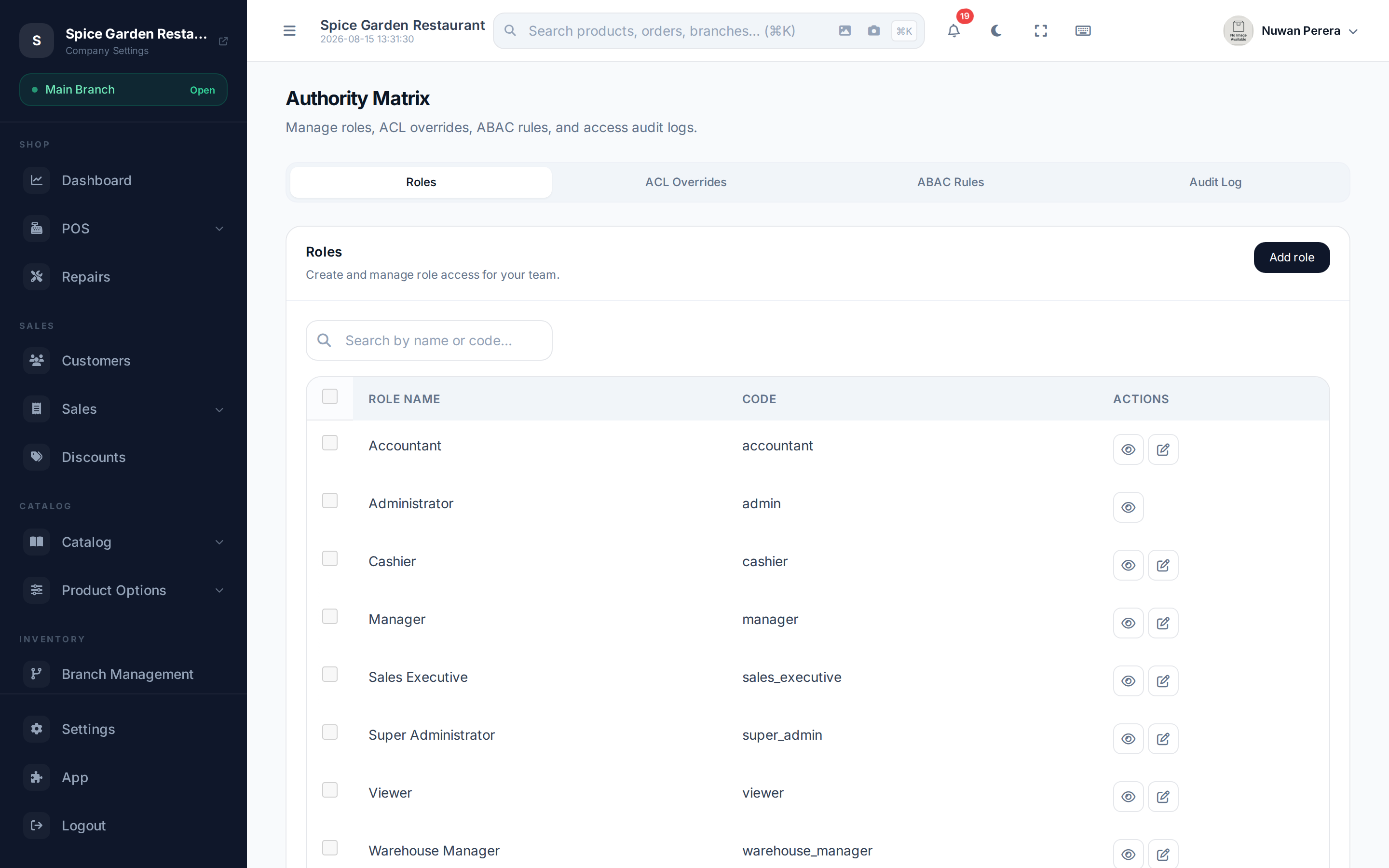 The Authority Matrix screen listing roles and permissions