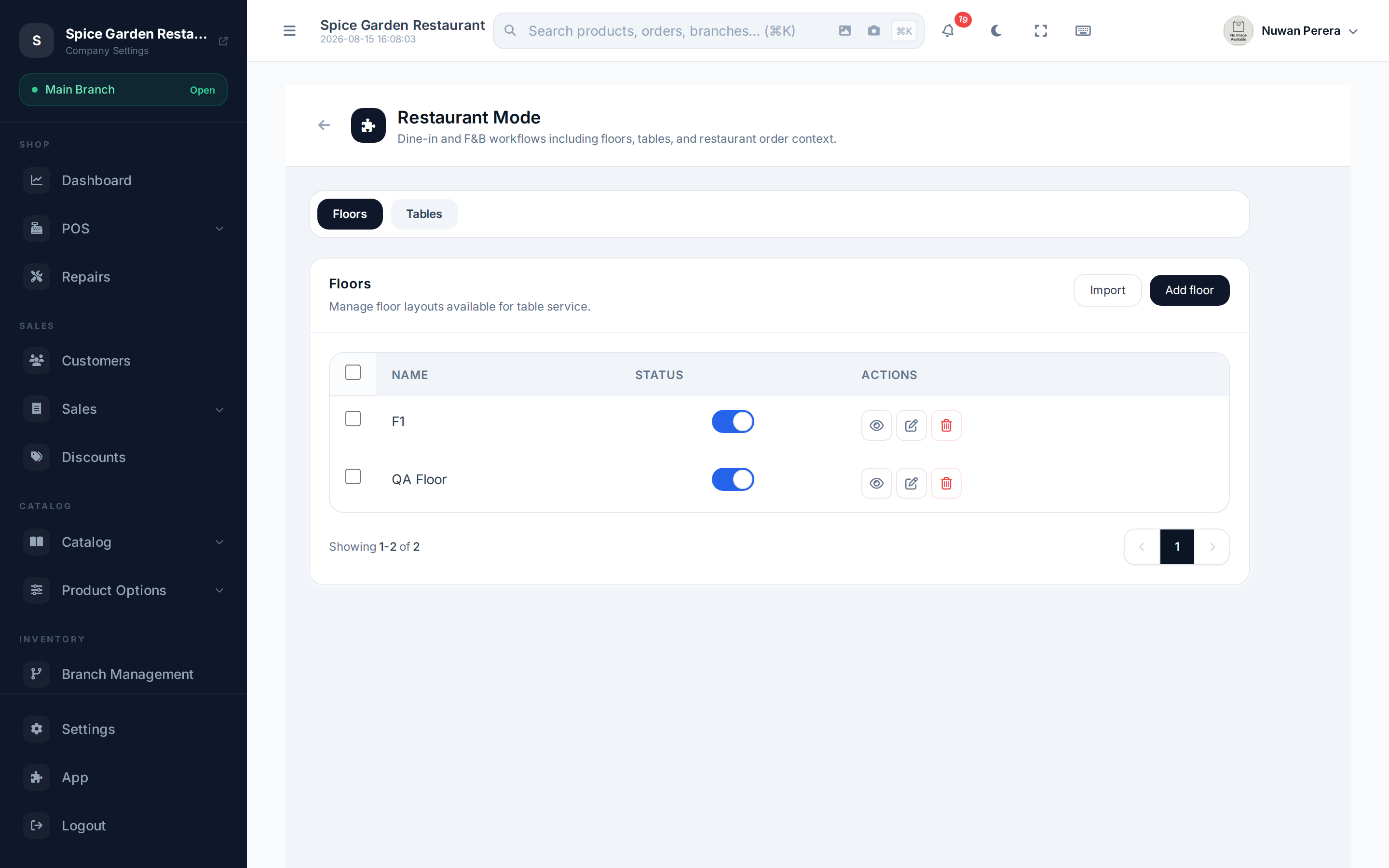 The Floors and Tables tabs inside the Restaurant Management module