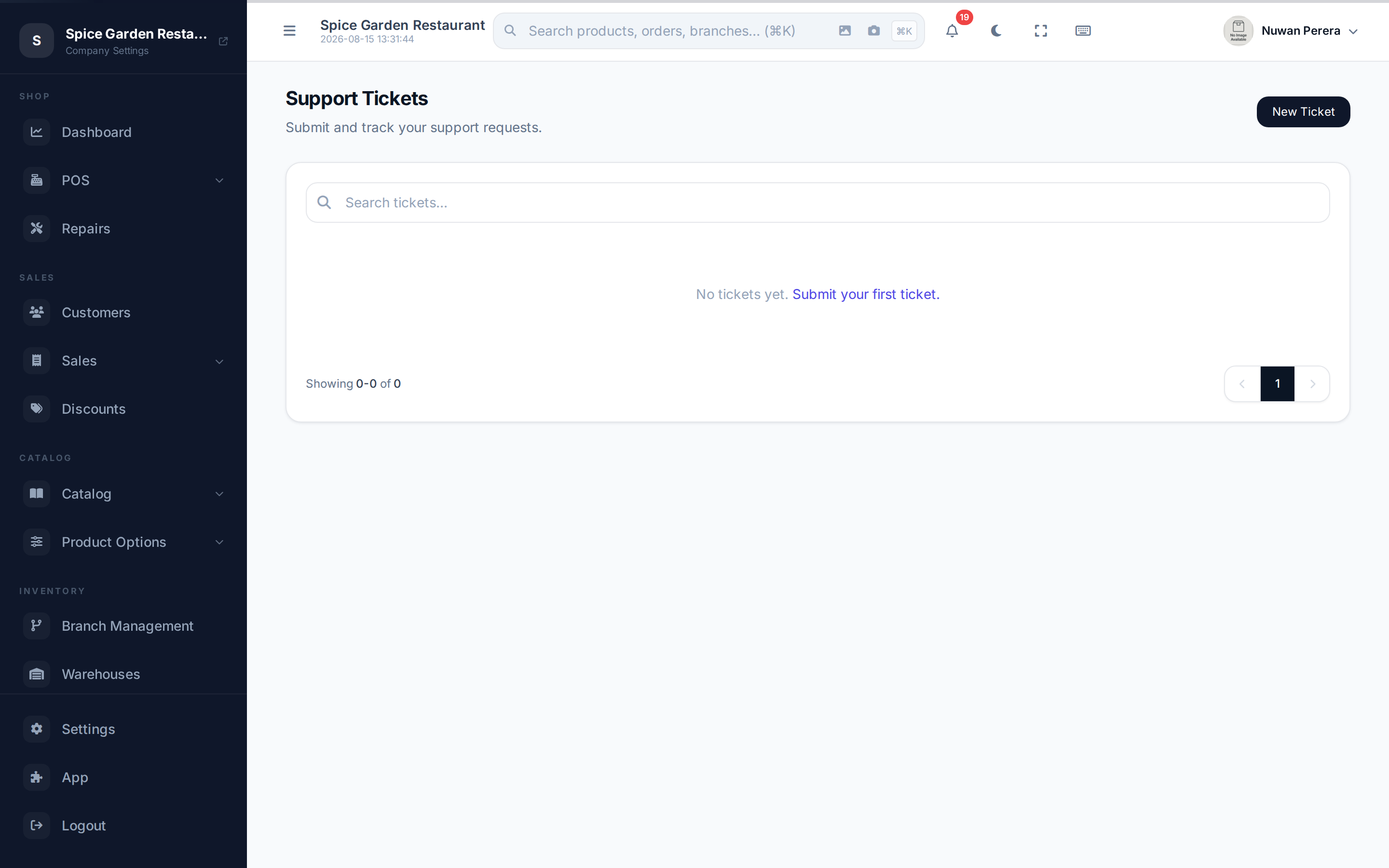 The support tickets list