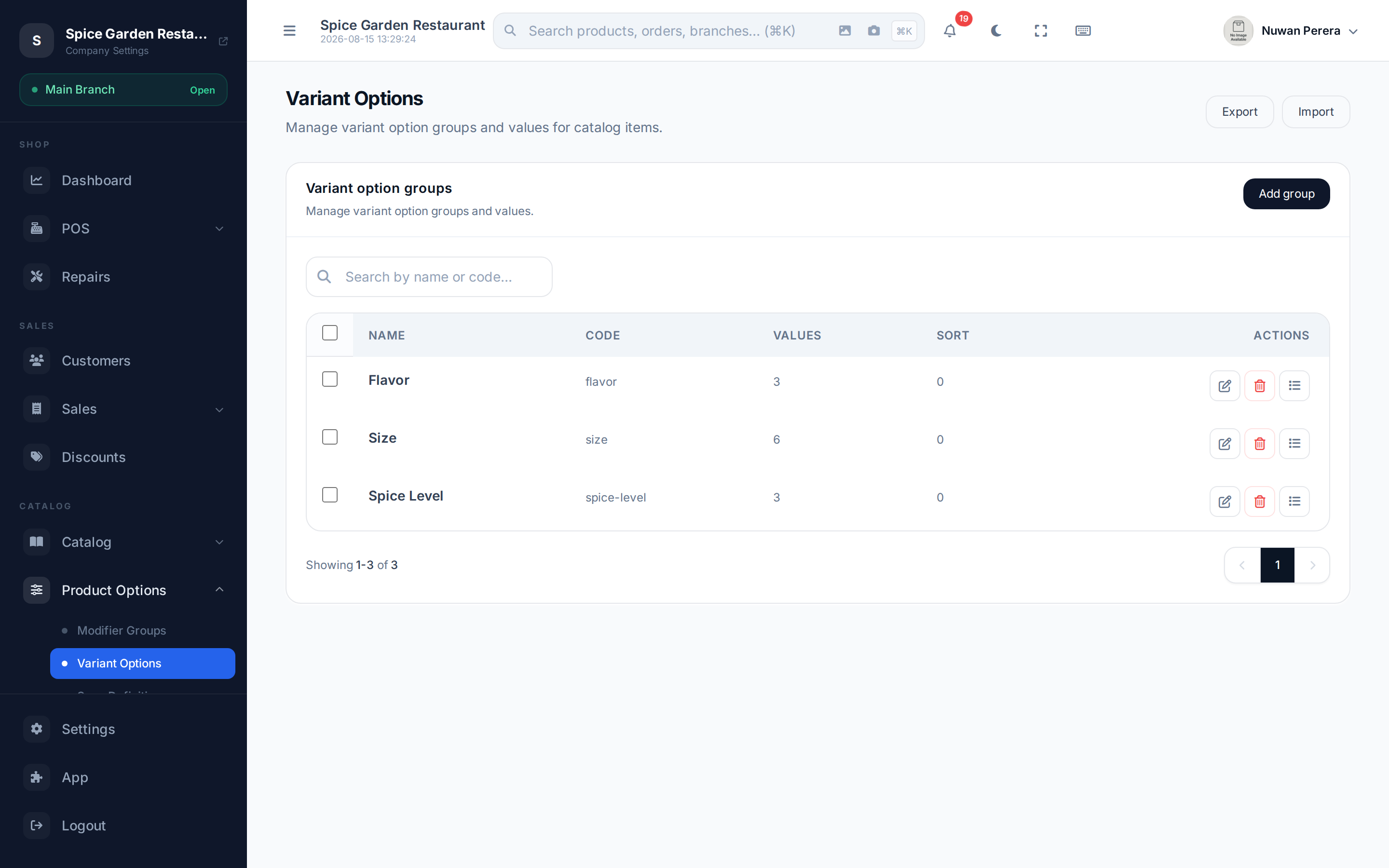 The variant option groups list