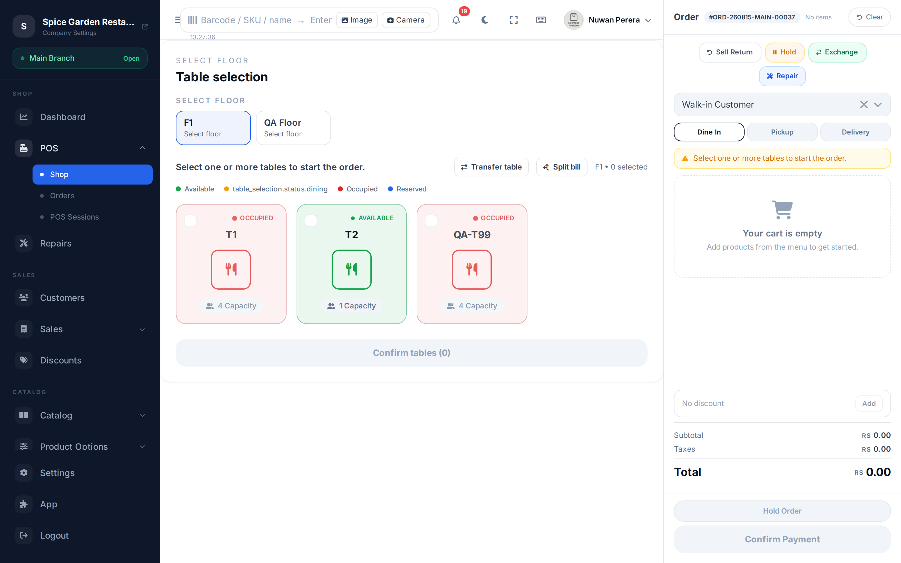 The recent orders panel with a list on the left and a receipt preview on the right