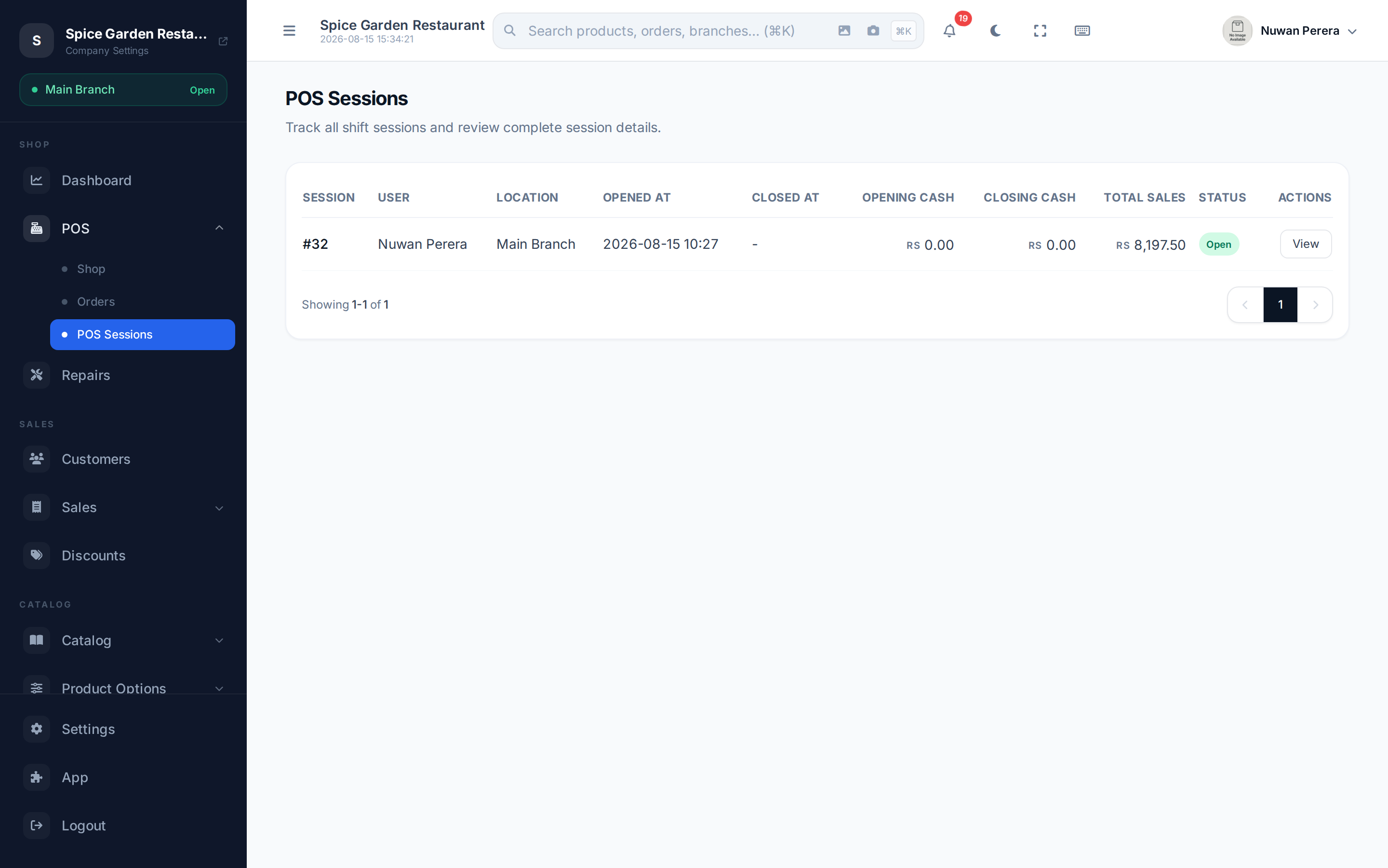 The POS sessions list with a row per shift