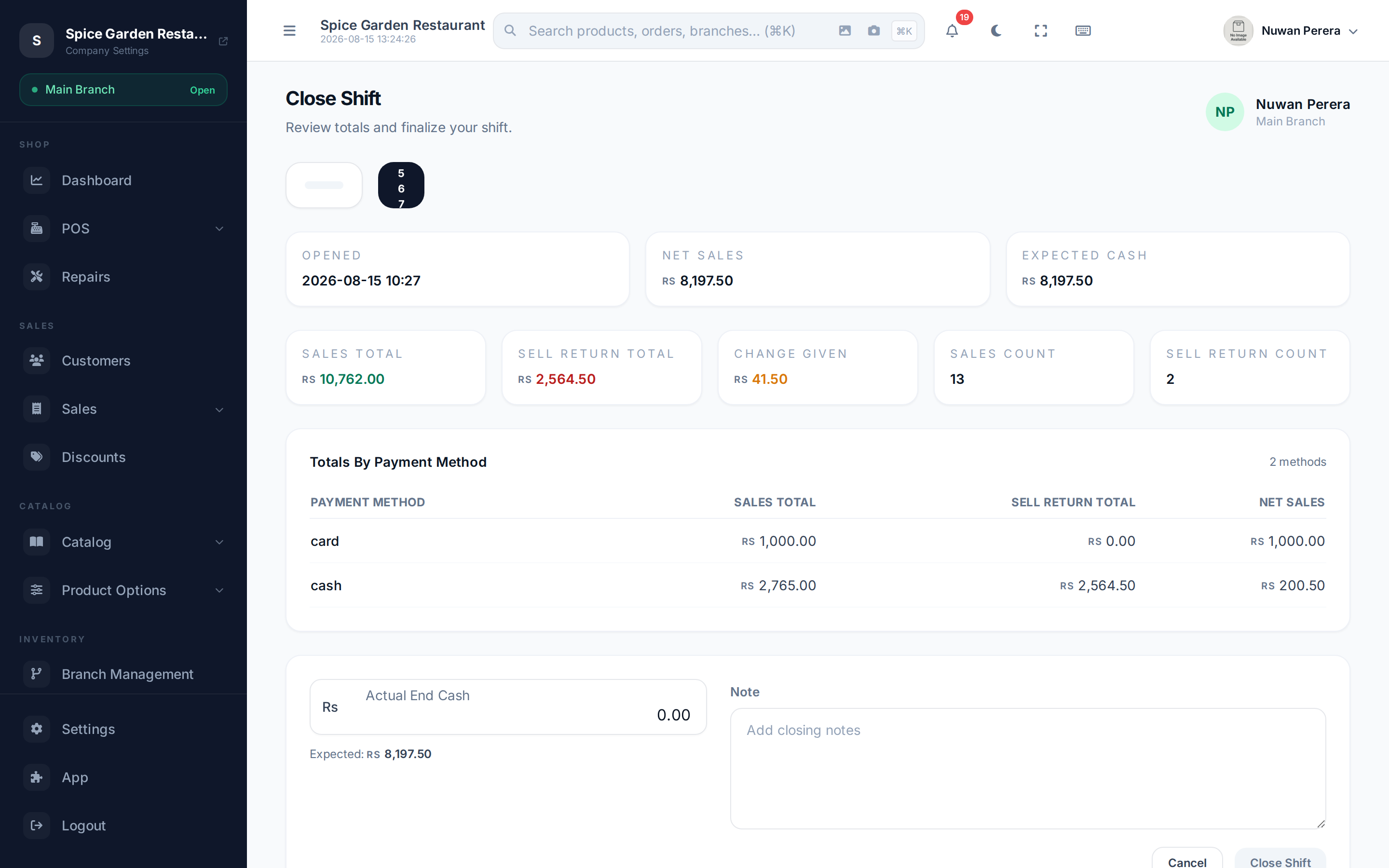 The Close Shift screen showing expected cash, sales totals and a counted-cash field