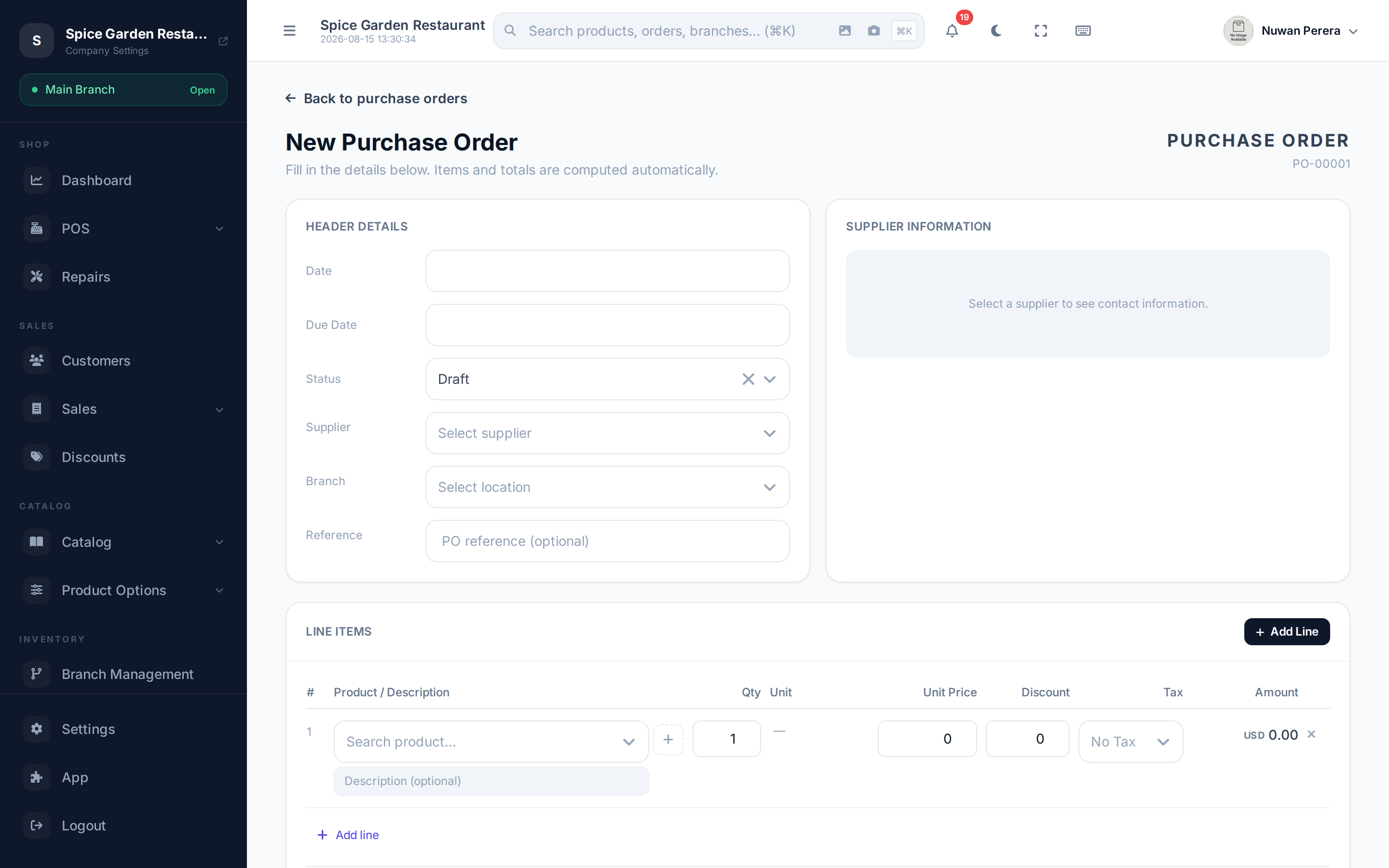 Creating a purchase order