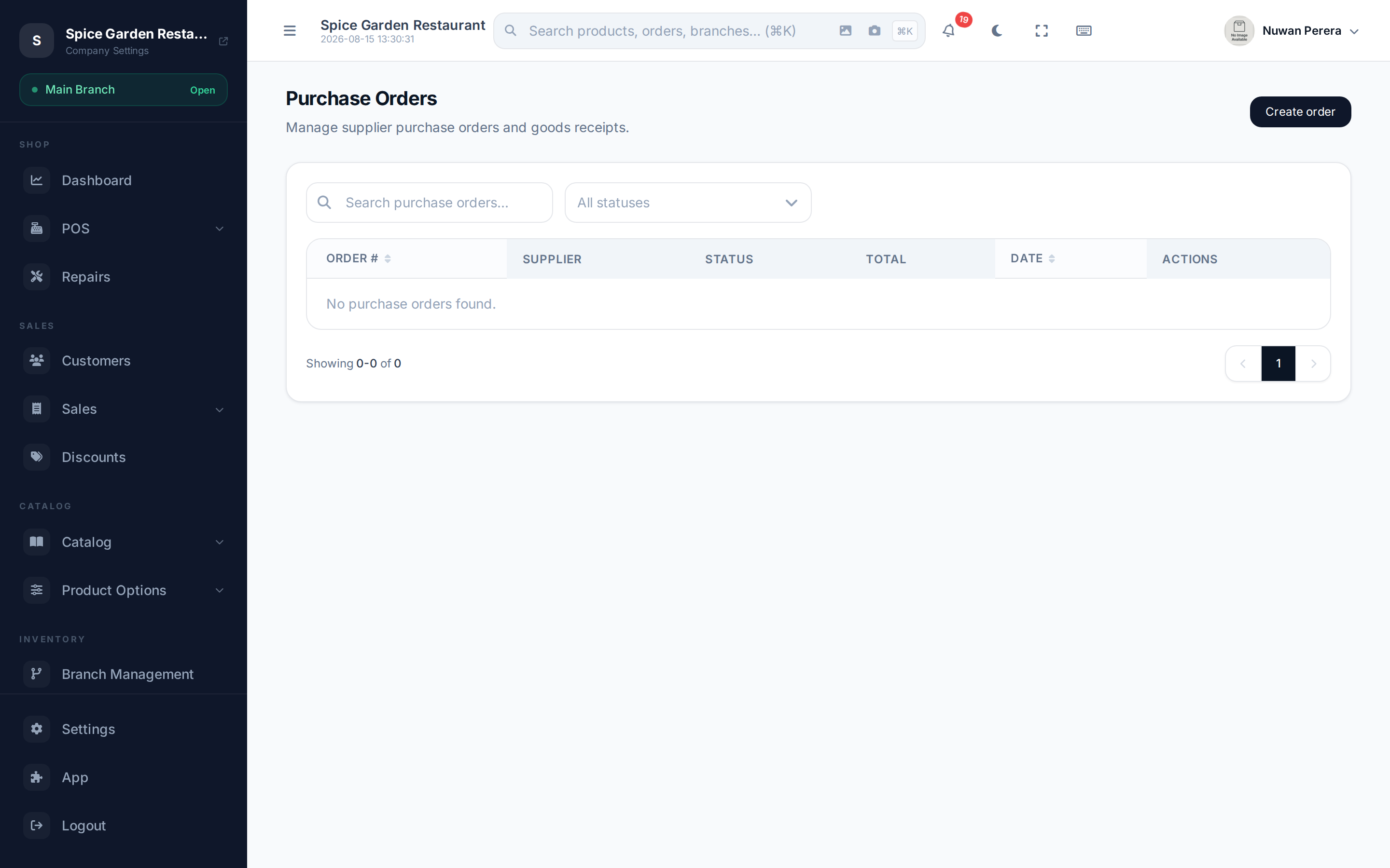 The purchase orders list