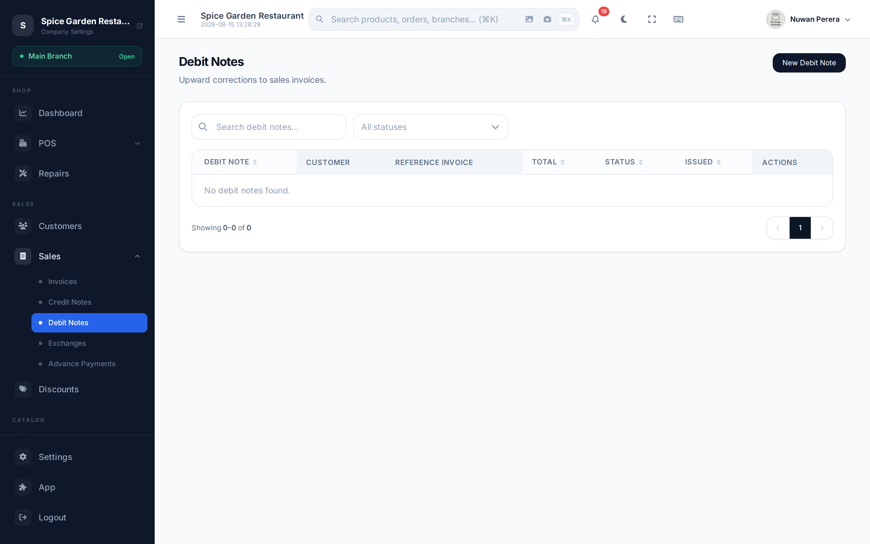 The debit notes list