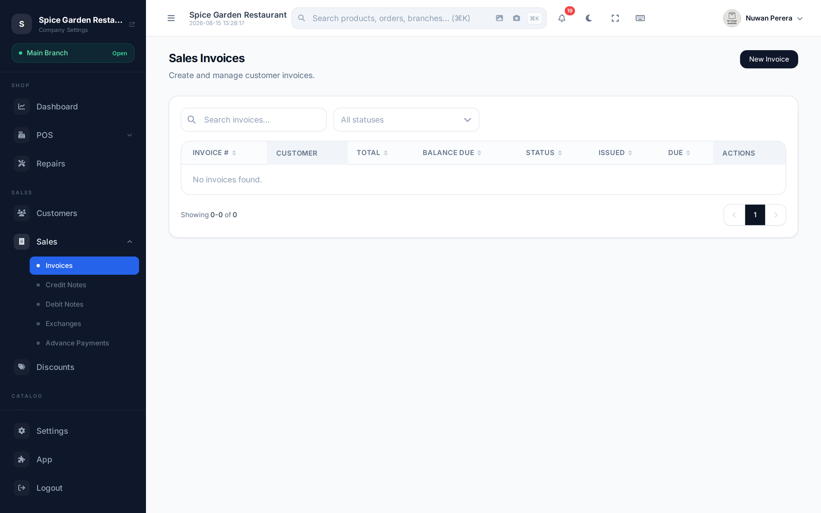 The invoices list